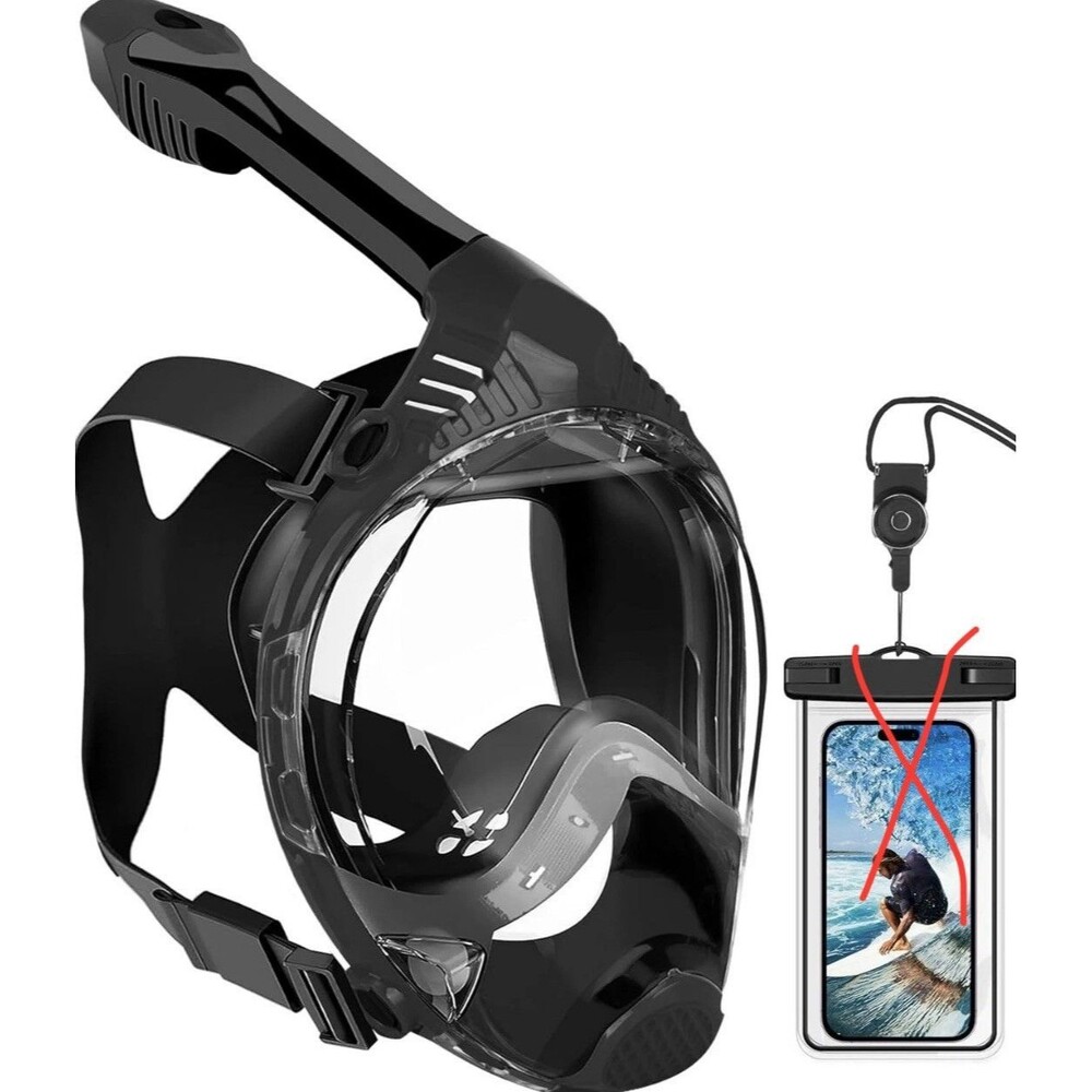 VGKE Adult Full Face Snorkel Mask Phone Pouch SMALL-MEDIUM Black Panoramic View